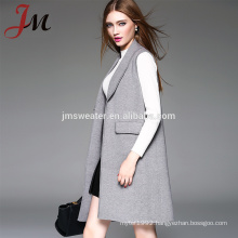 Newest winter knitting long cardigan European stylish women lapel sleeveless coat